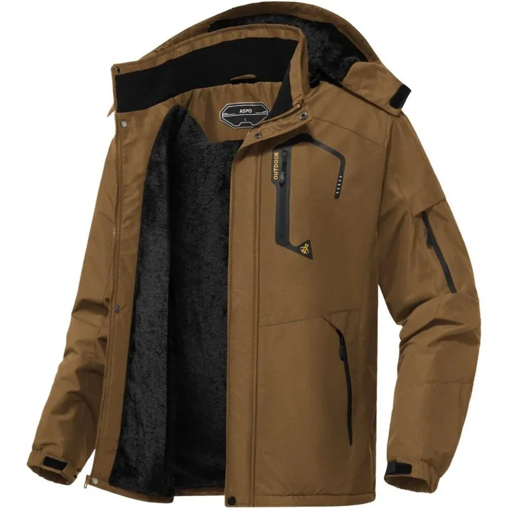 Men's Coffee Waterproof Winter Warm Snow Coat Fleece Lined Hiking Ski Jacket